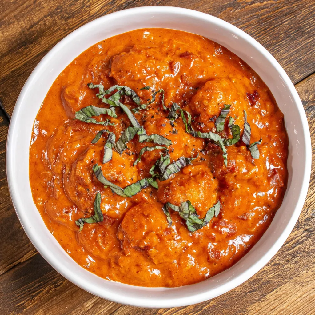 A bowl of tomato gravy with a spoon in it.