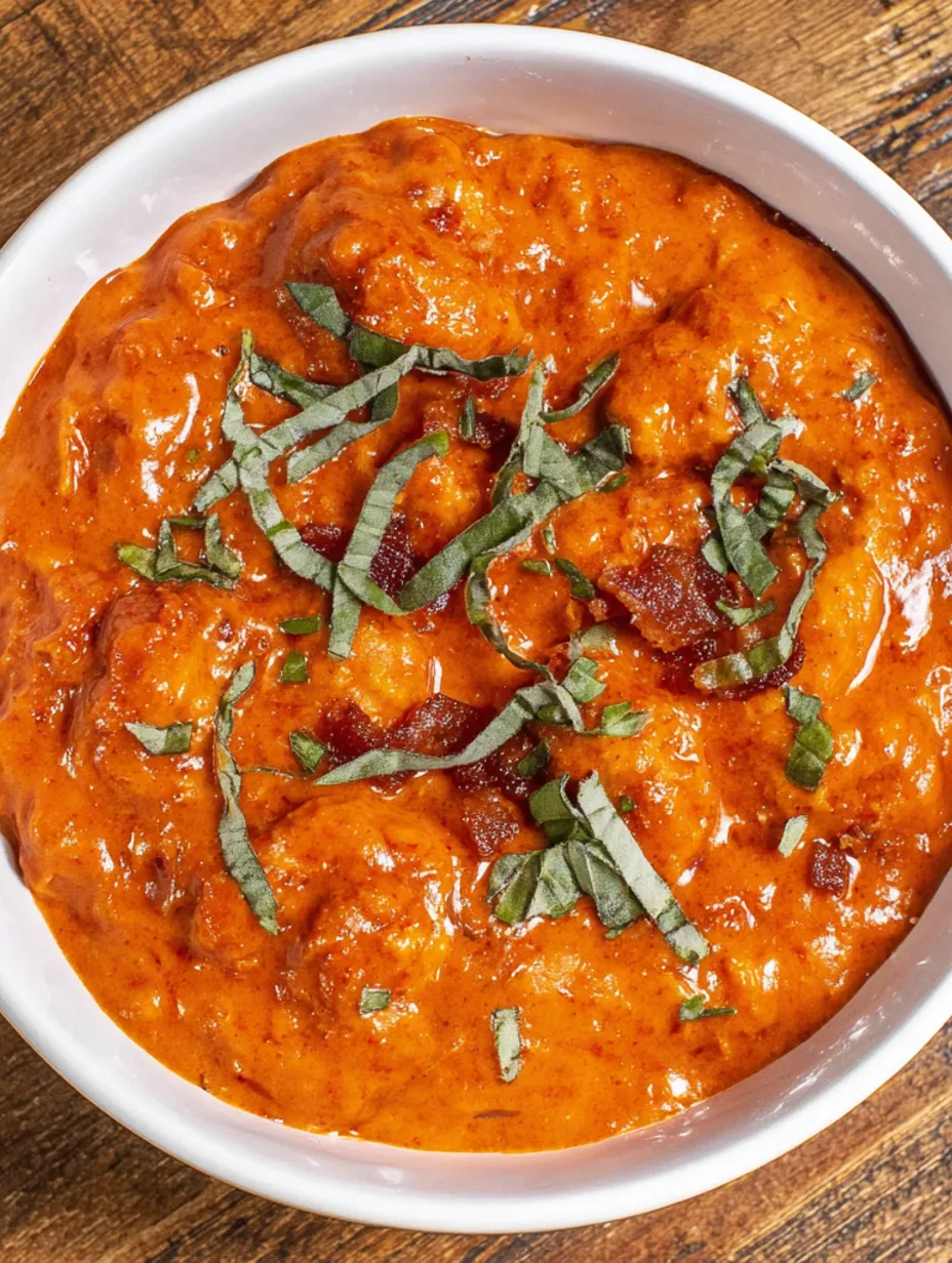 A bowl of tomato gravy with green leaves on top.