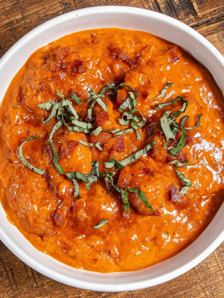 A bowl of tomato gravy with green herbs on top.