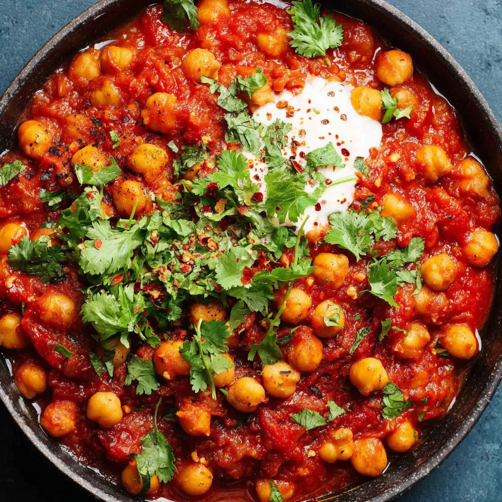 A bowl of chana masala with chickpeas and spices.