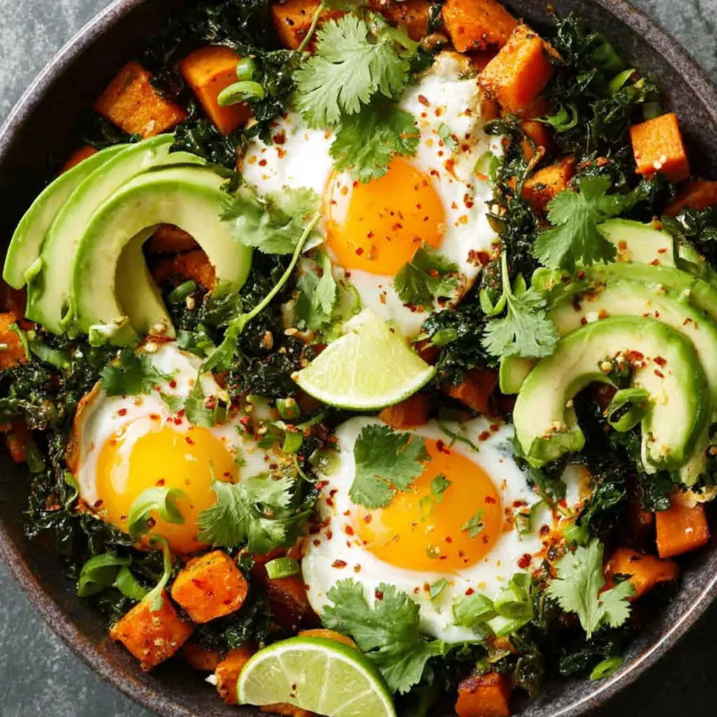 A bowl of sweet potato hash with eggs on top.