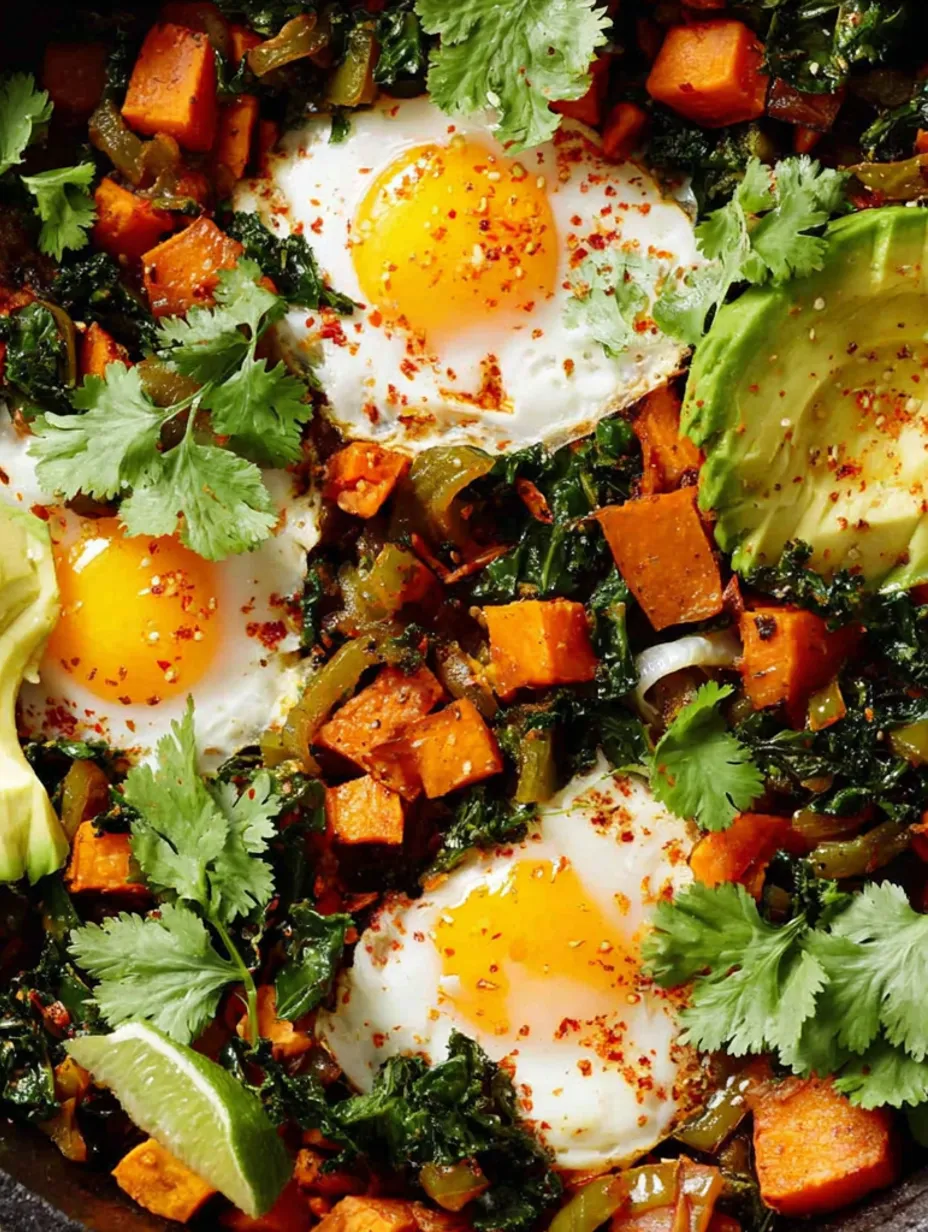 A dish of sweet potato hash with eggs.