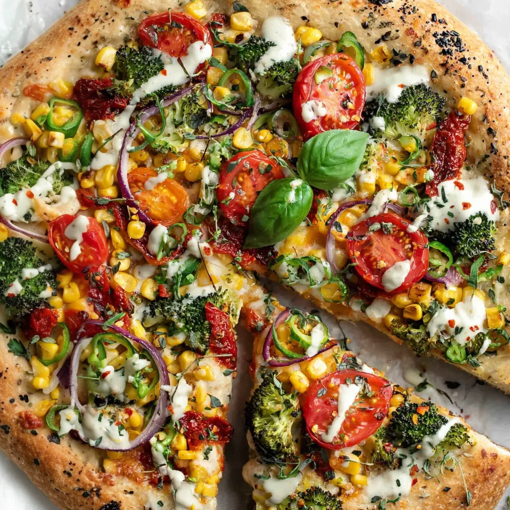 A slice of vegan pizza with tomatoes, broccoli, and corn.