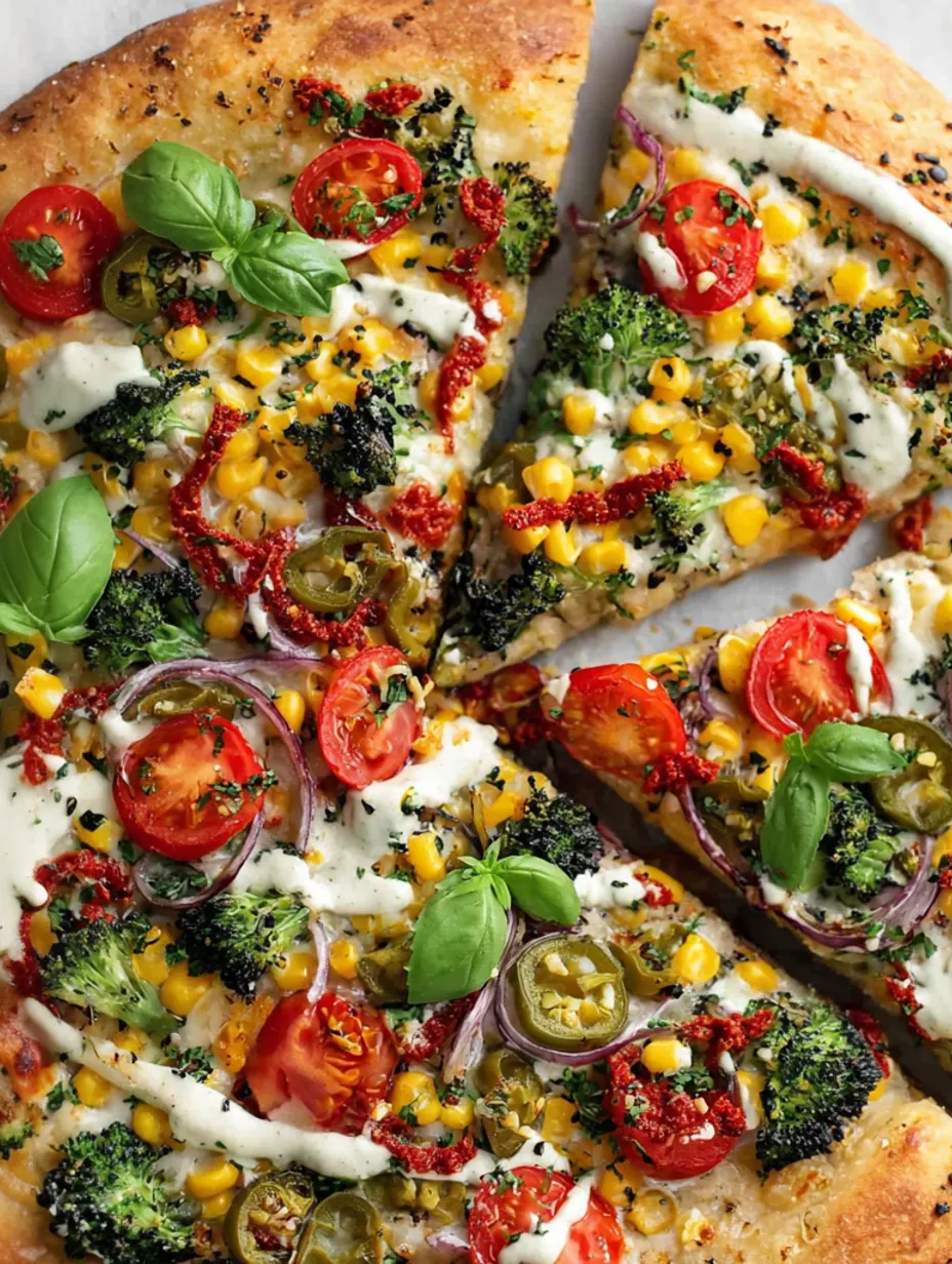 A slice of vegan pizza with tomatoes, corn, and broccoli.