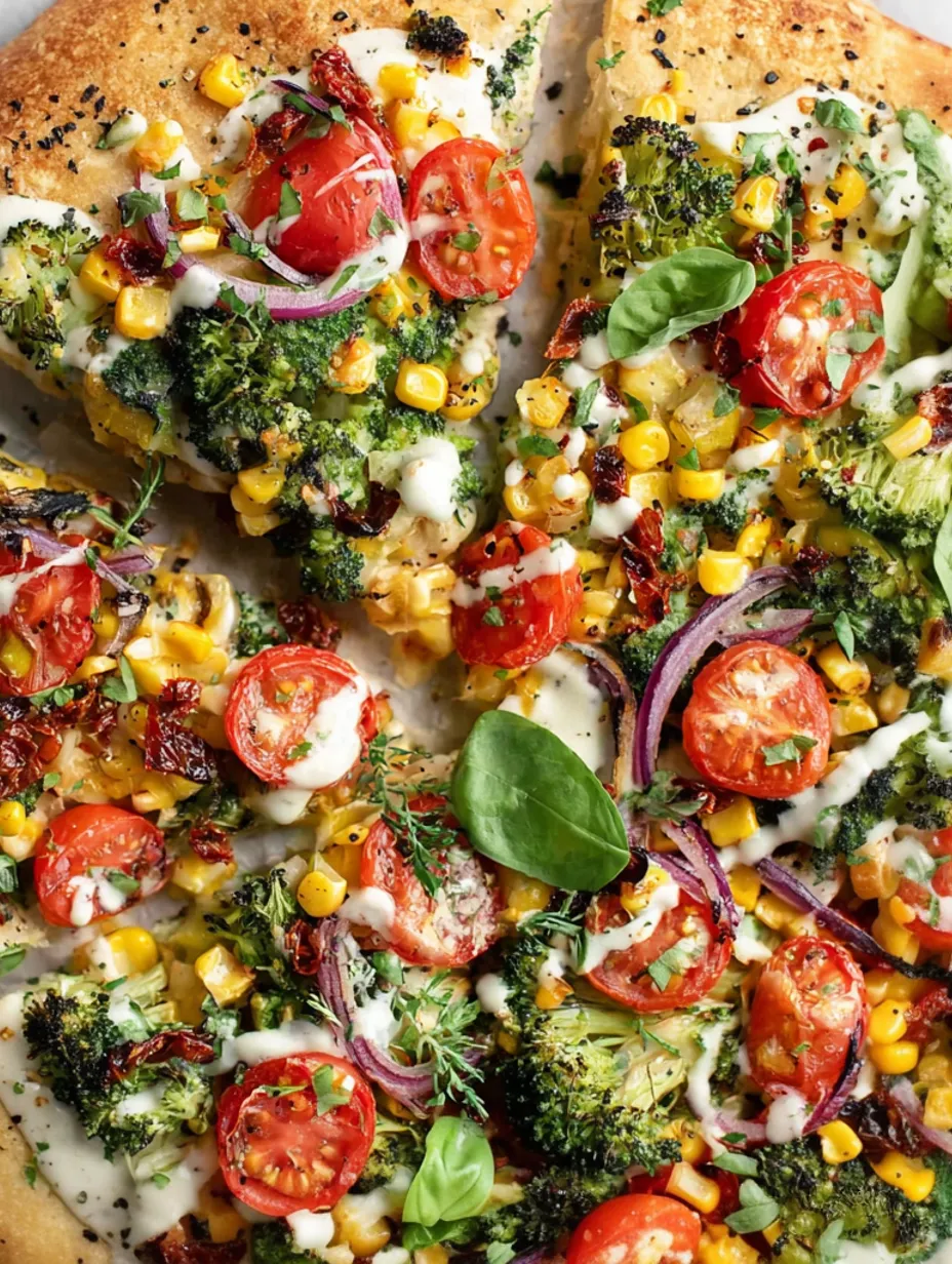 A vegan pizza with tomatoes, broccoli, and corn.