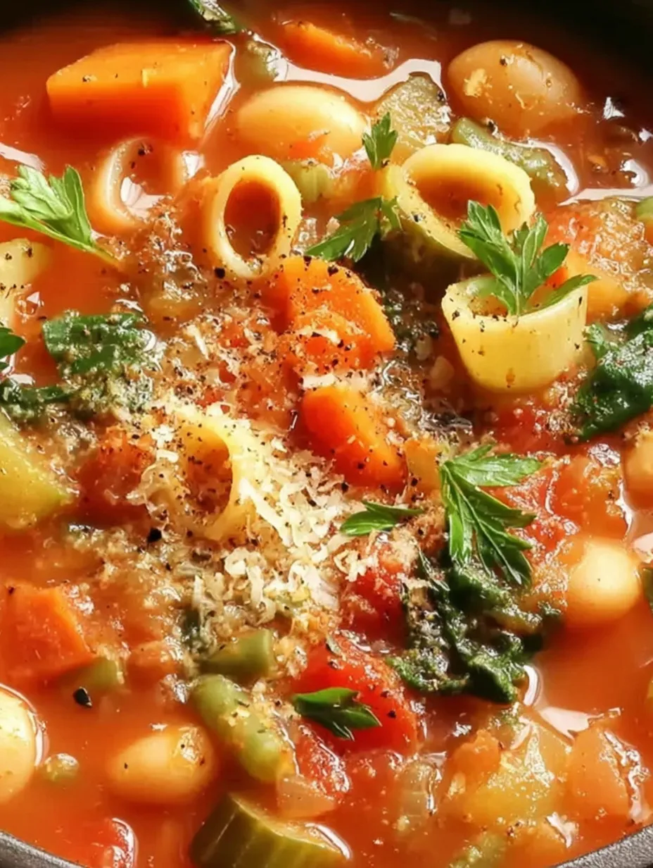 A bowl of minestrone soup with noodles, vegetables and cheese.