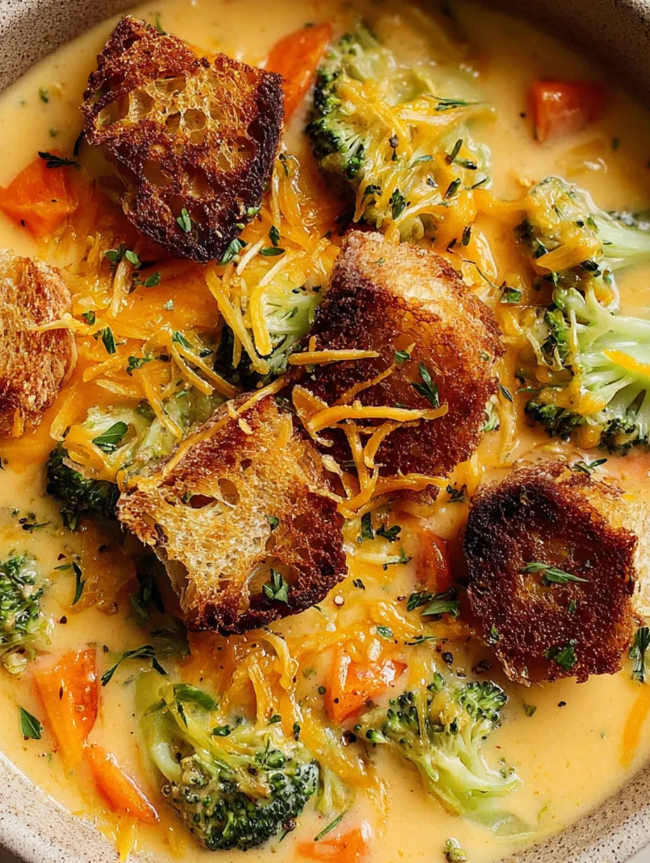 A bowl of soup with broccoli and cheese.