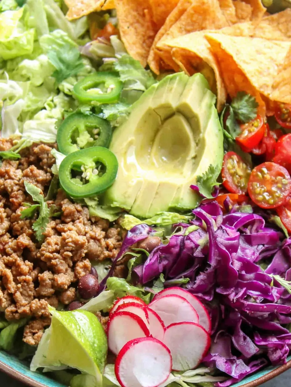 A healthy taco salad with various vegetables and meat.