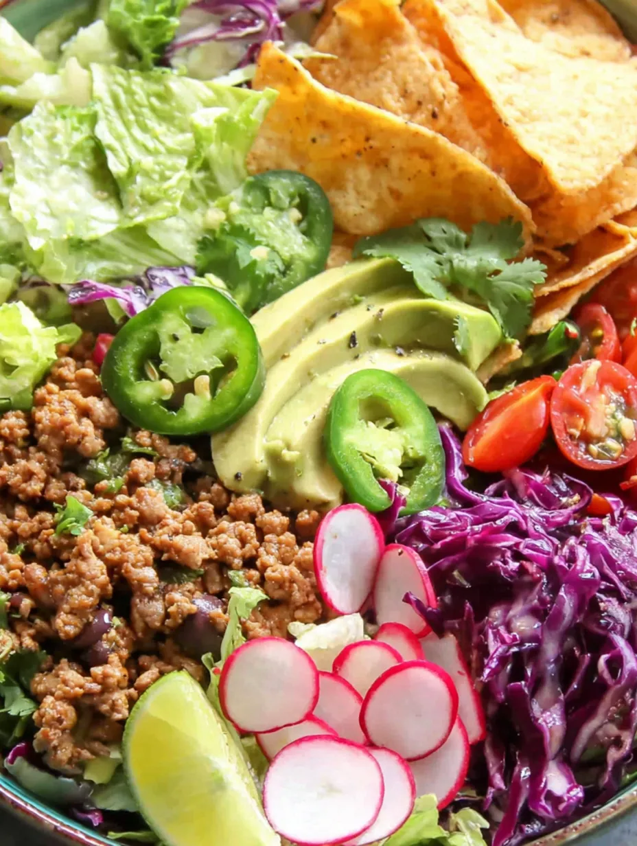 A healthy taco salad with various vegetables and toppings.