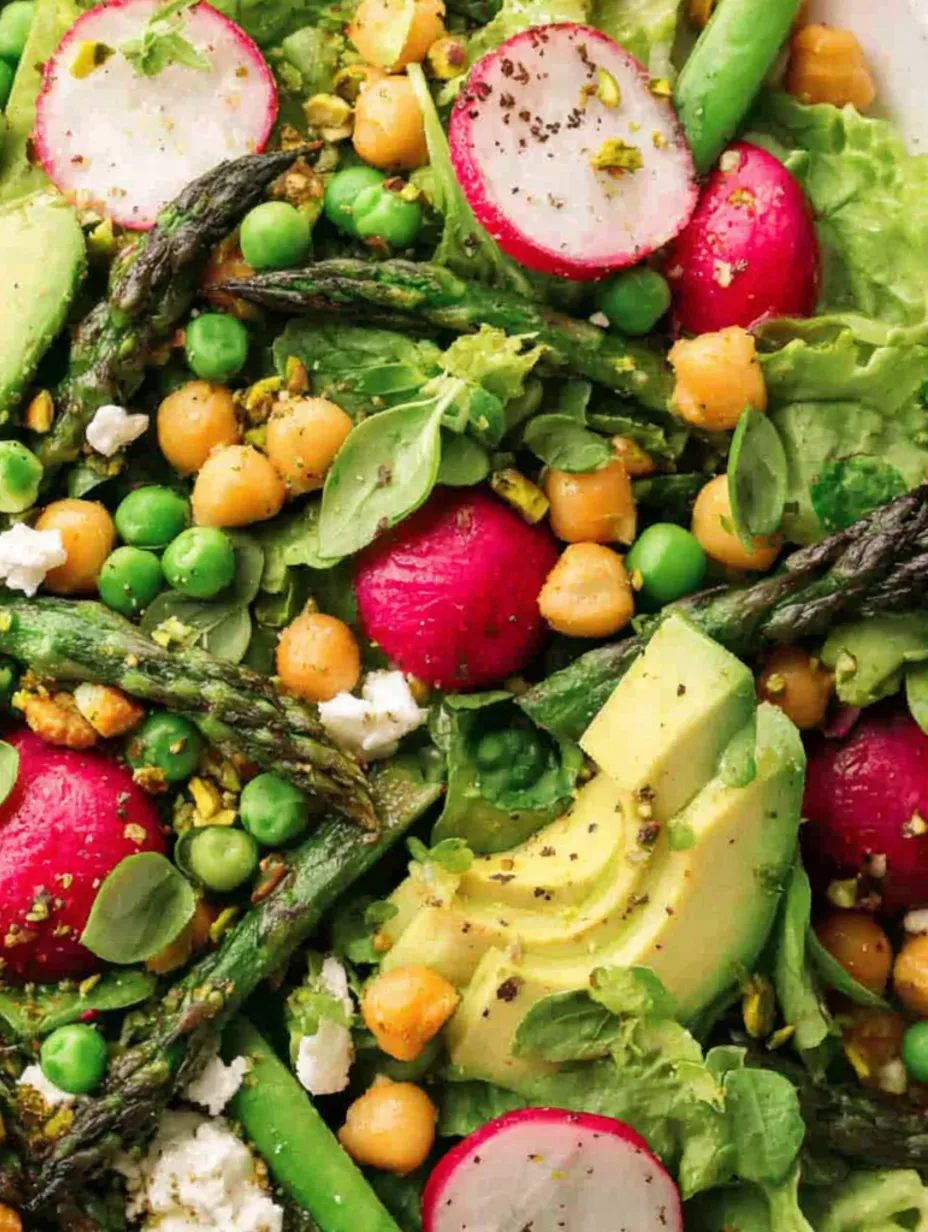 A colorful salad with peas, radishes, and avocado.