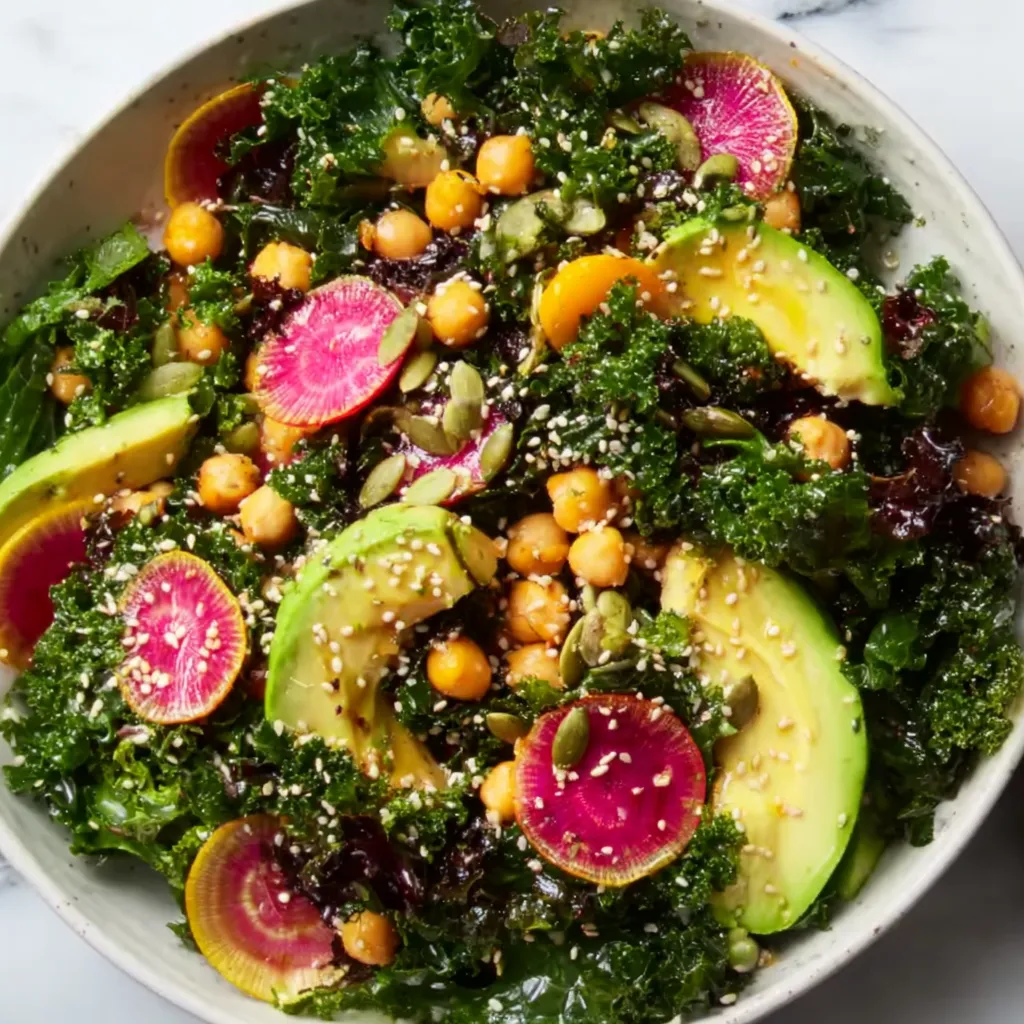 A bowl of kale salad with chickpeas, avocado, and radishes.