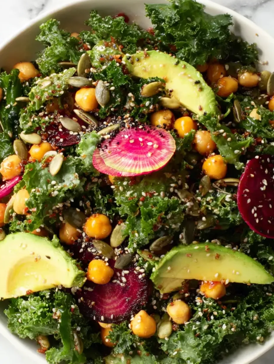 A bowl of kale salad with various toppings.
