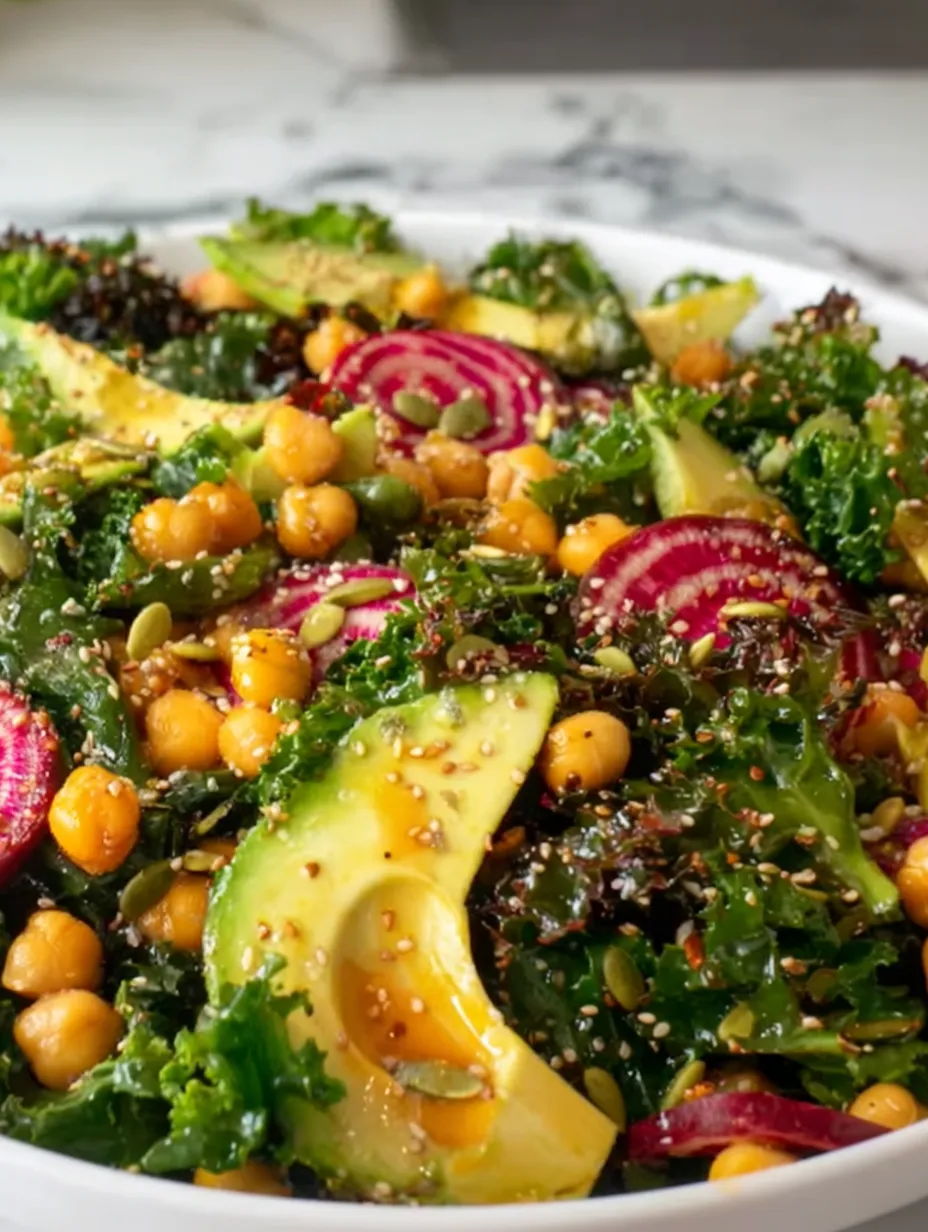 A plate of kale salad with various vegetables.