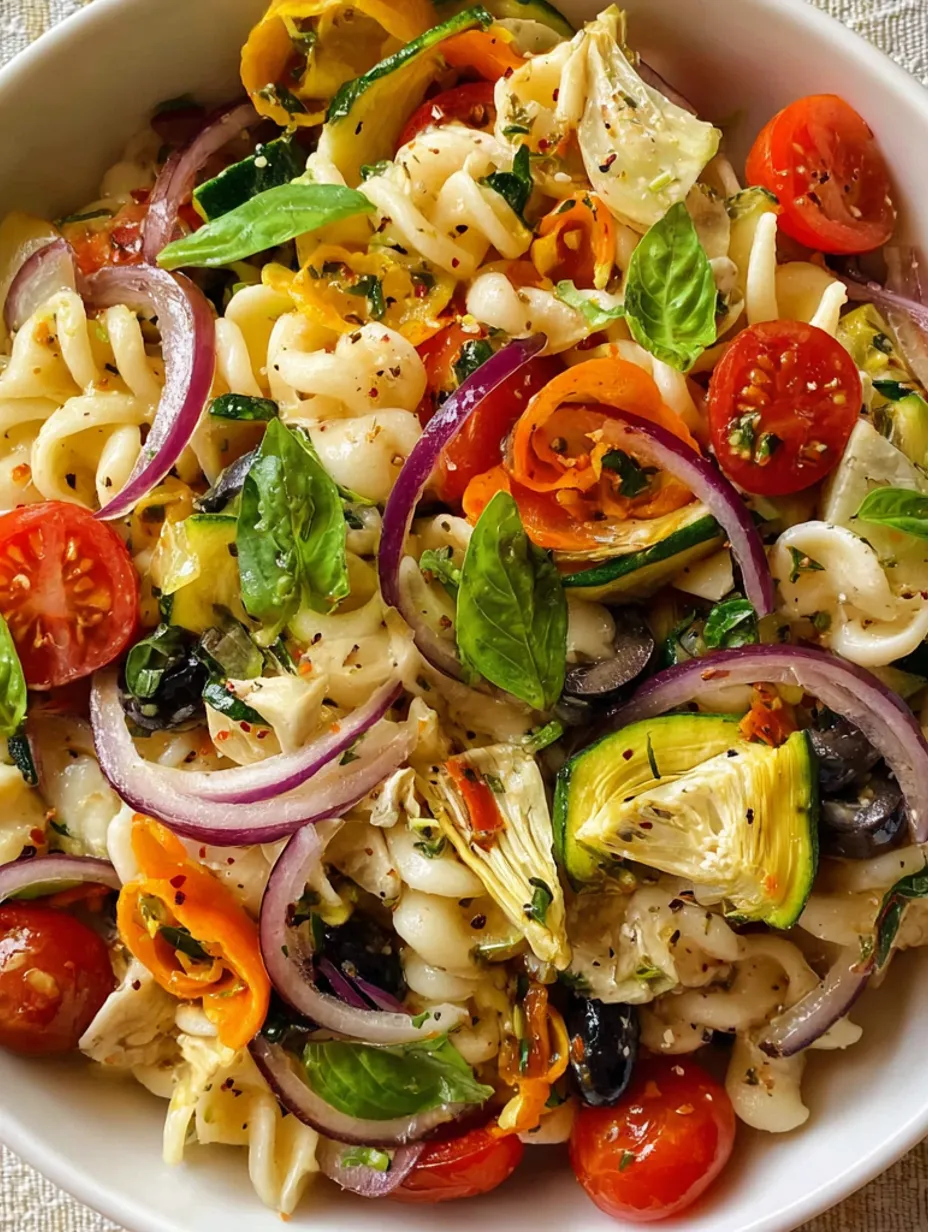 A bowl of pasta salad with tomatoes, onions, and spinach.