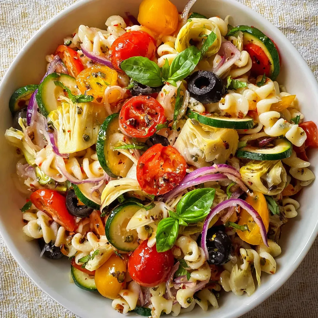 A bowl of pasta salad with tomatoes, cucumbers, and basil.