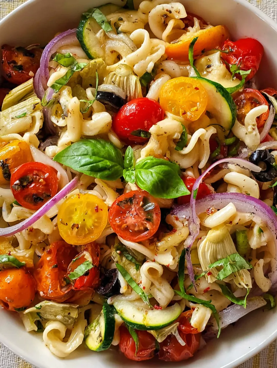 A bowl of pasta salad with tomatoes, cucumbers, and basil.