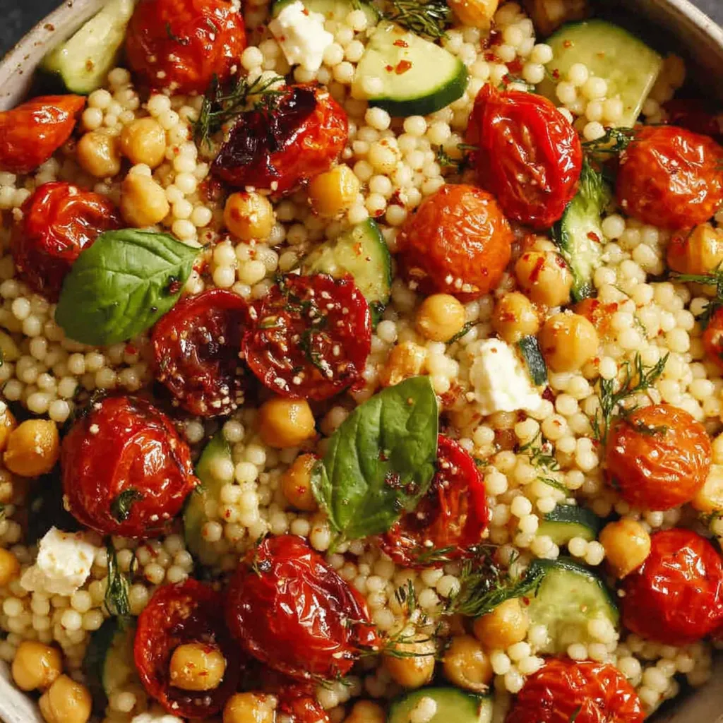A bowl of couscous salad with cherry tomatoes, cucumbers, and other vegetables.