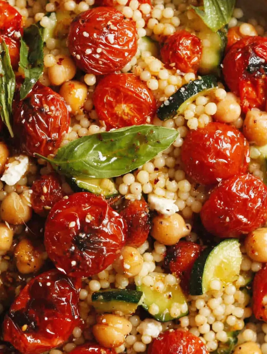 A salad of tomatoes, couscous, and zucchini.