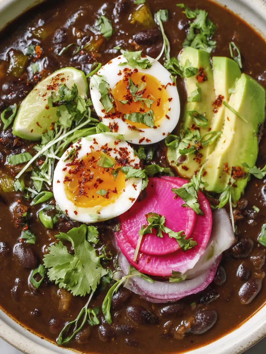 A plate of food with a black bean soup.