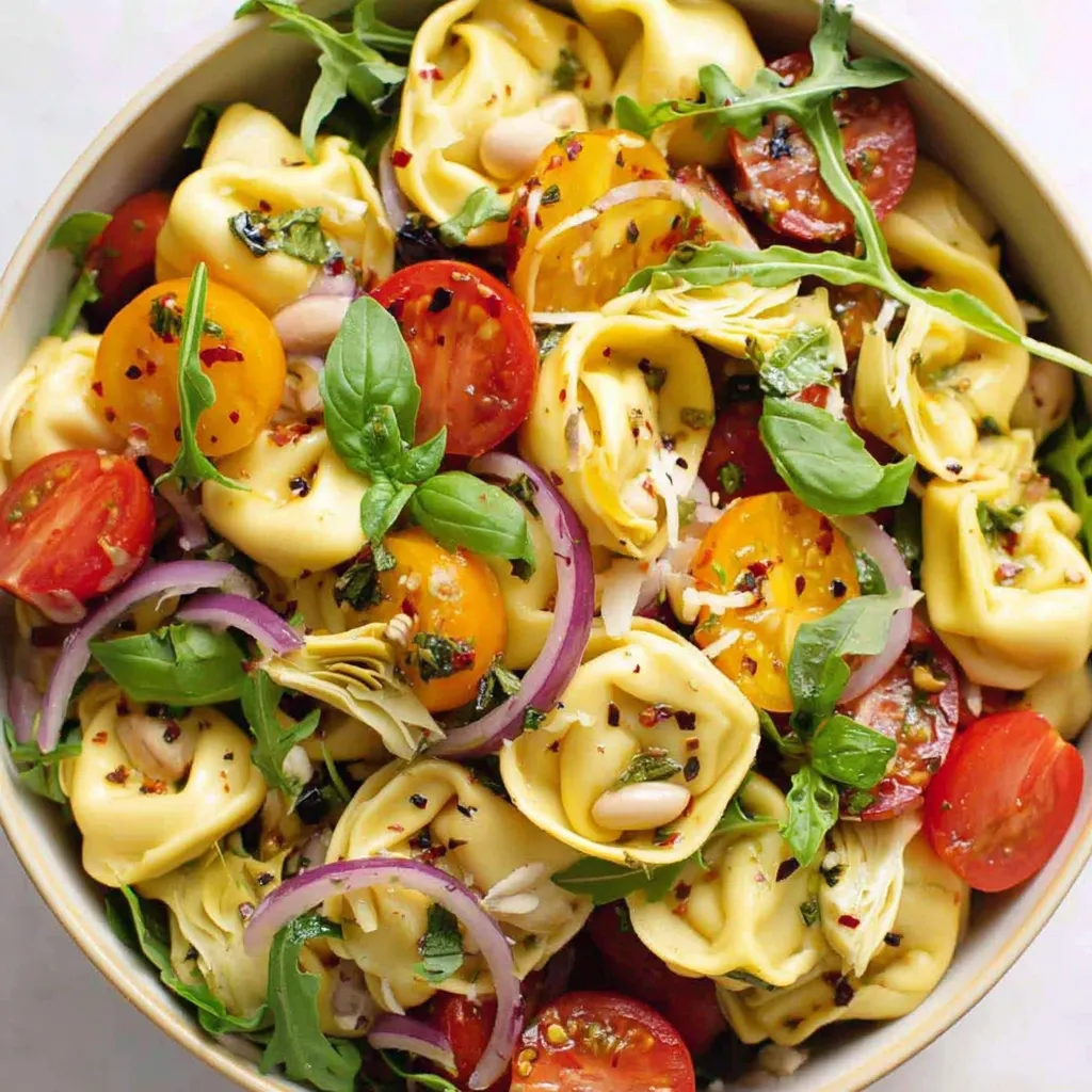 A bowl of pasta salad with tomatoes, onions, beans, and spinach.