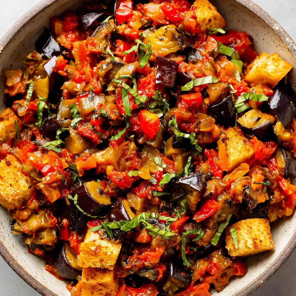 A bowl of Caponata with eggplant, tomatoes, and basil.