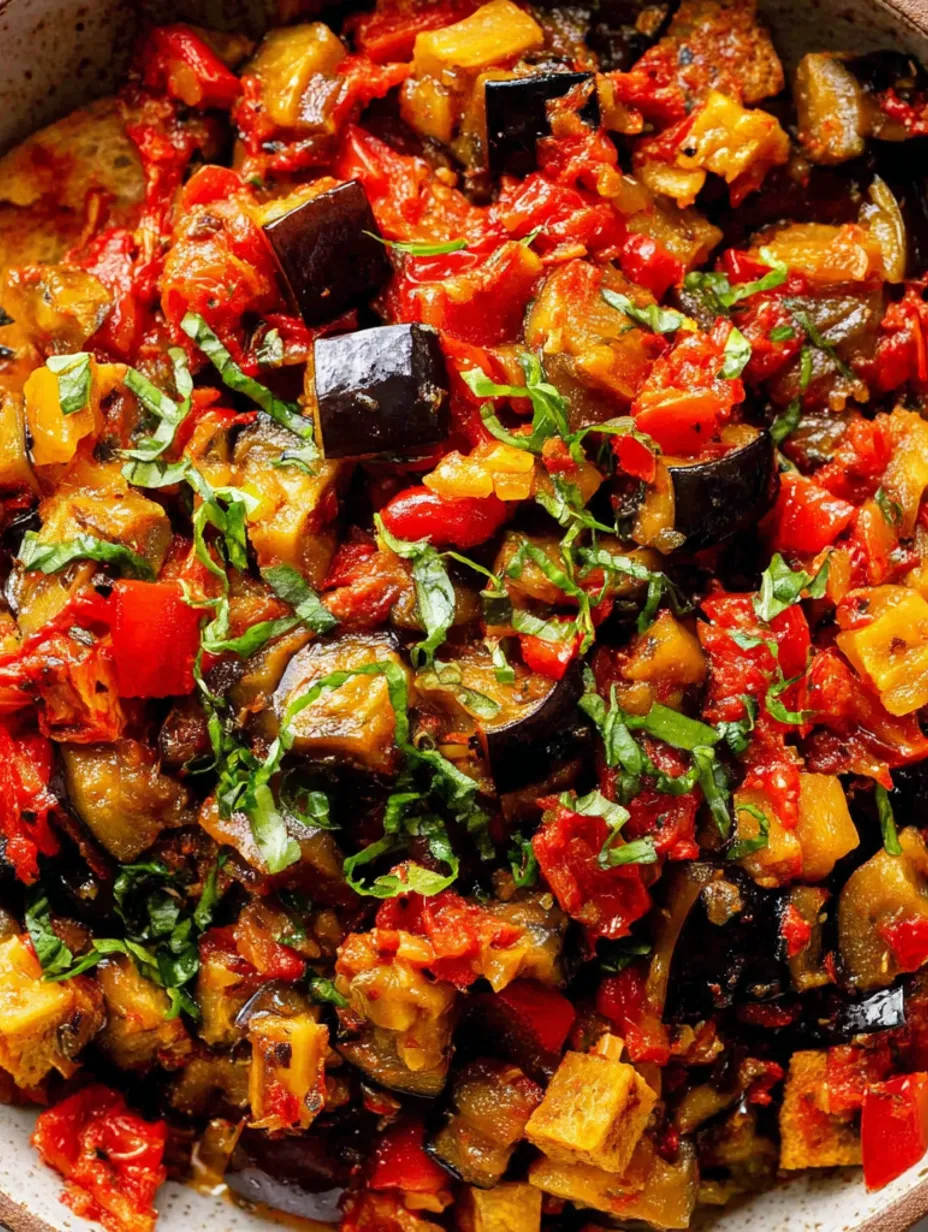 A close up of a dish with eggplant caponata.