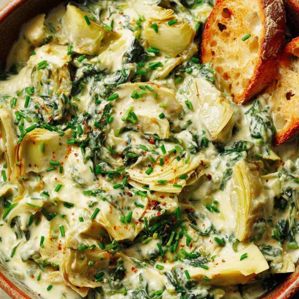 A bowl of vegan spinach artichoke dip.