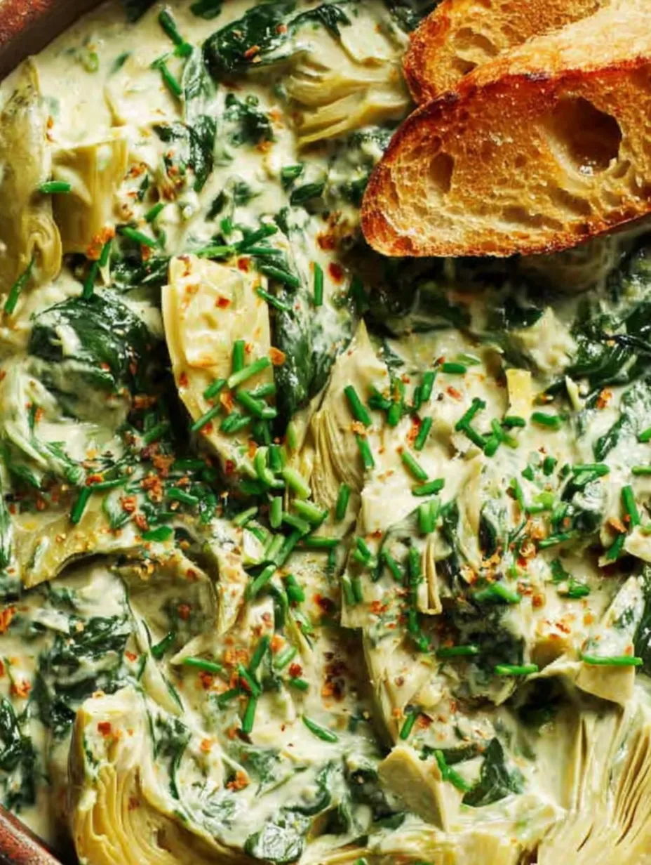 A close up of a vegan spinach artichoke dip.