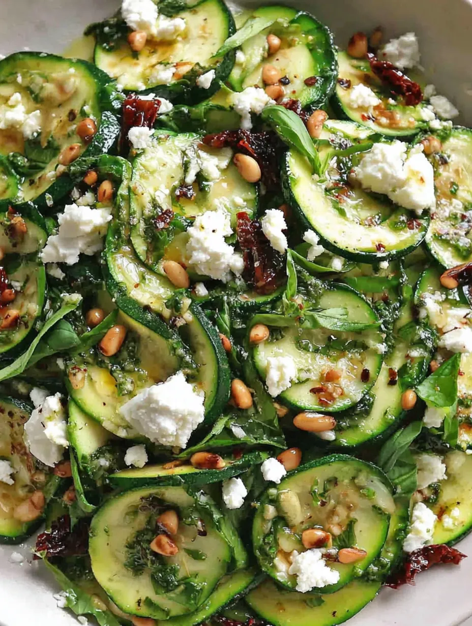 A salad made of zucchini, pine nuts, and feta cheese.