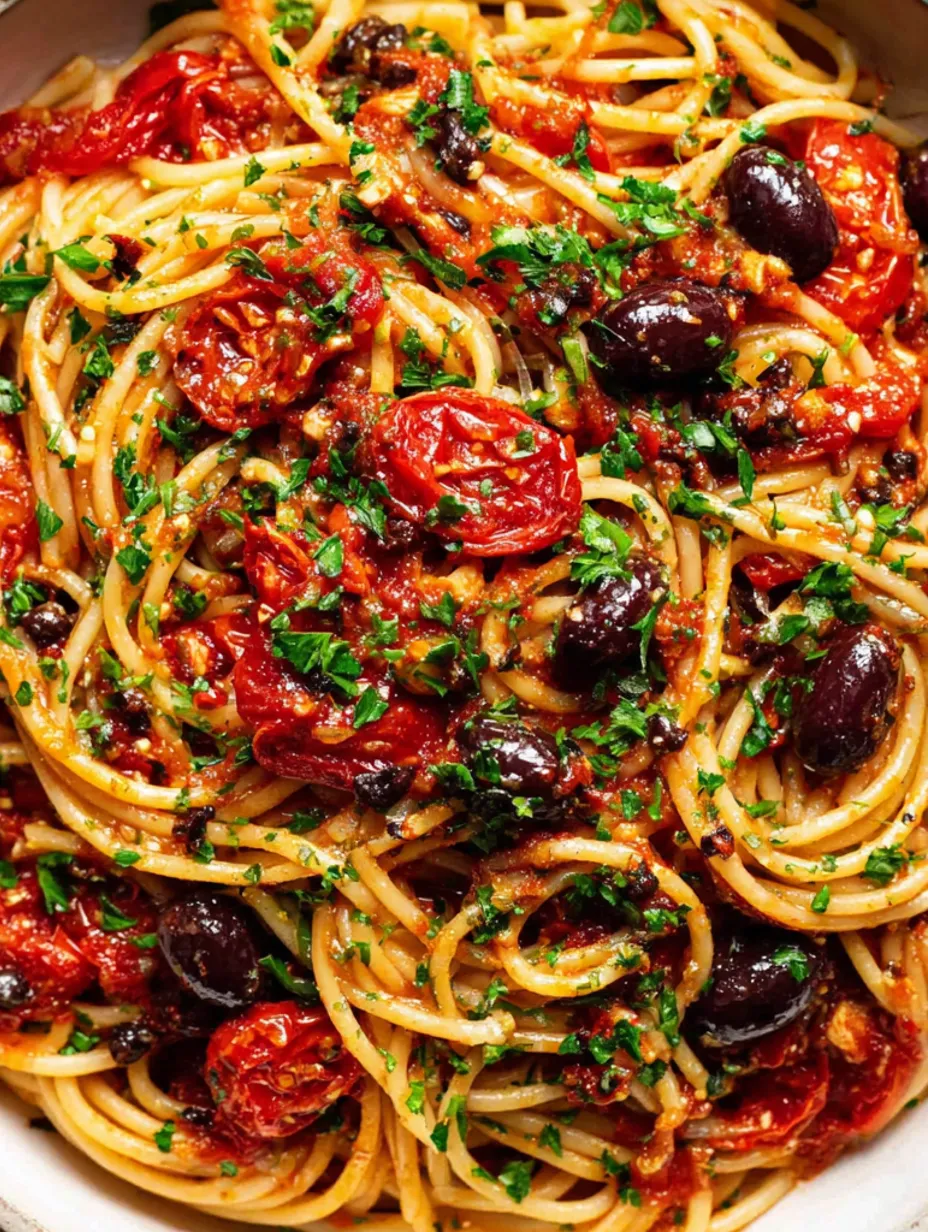 A close up of a delicious pasta puttanesca.