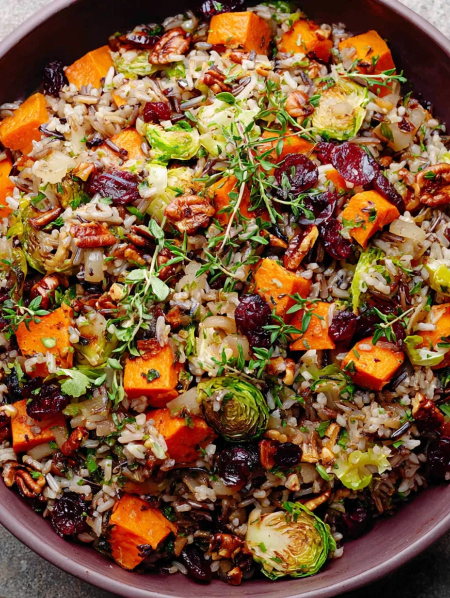 A bowl of wild rice pilaf with various vegetables and nuts.