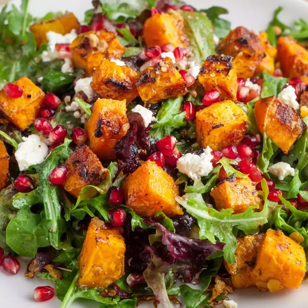 A salad with butternut squash and greens.