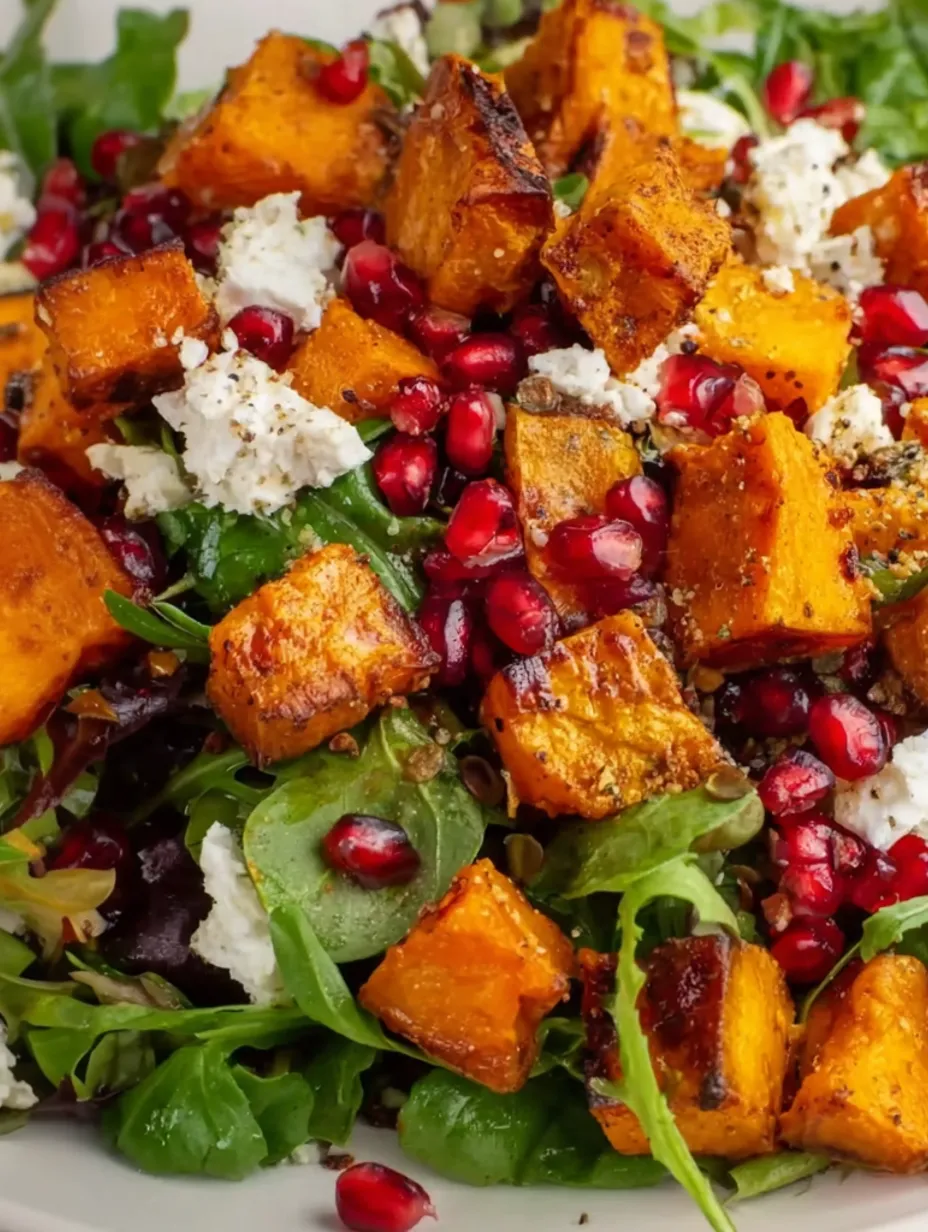 A salad with butternut squash, pomegranate, and feta cheese.