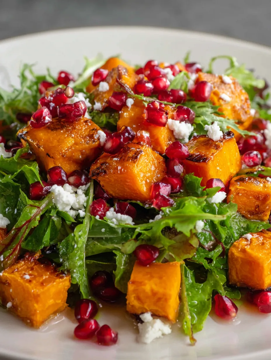 A salad with butternut squash, pomegranate seeds, and blue cheese.