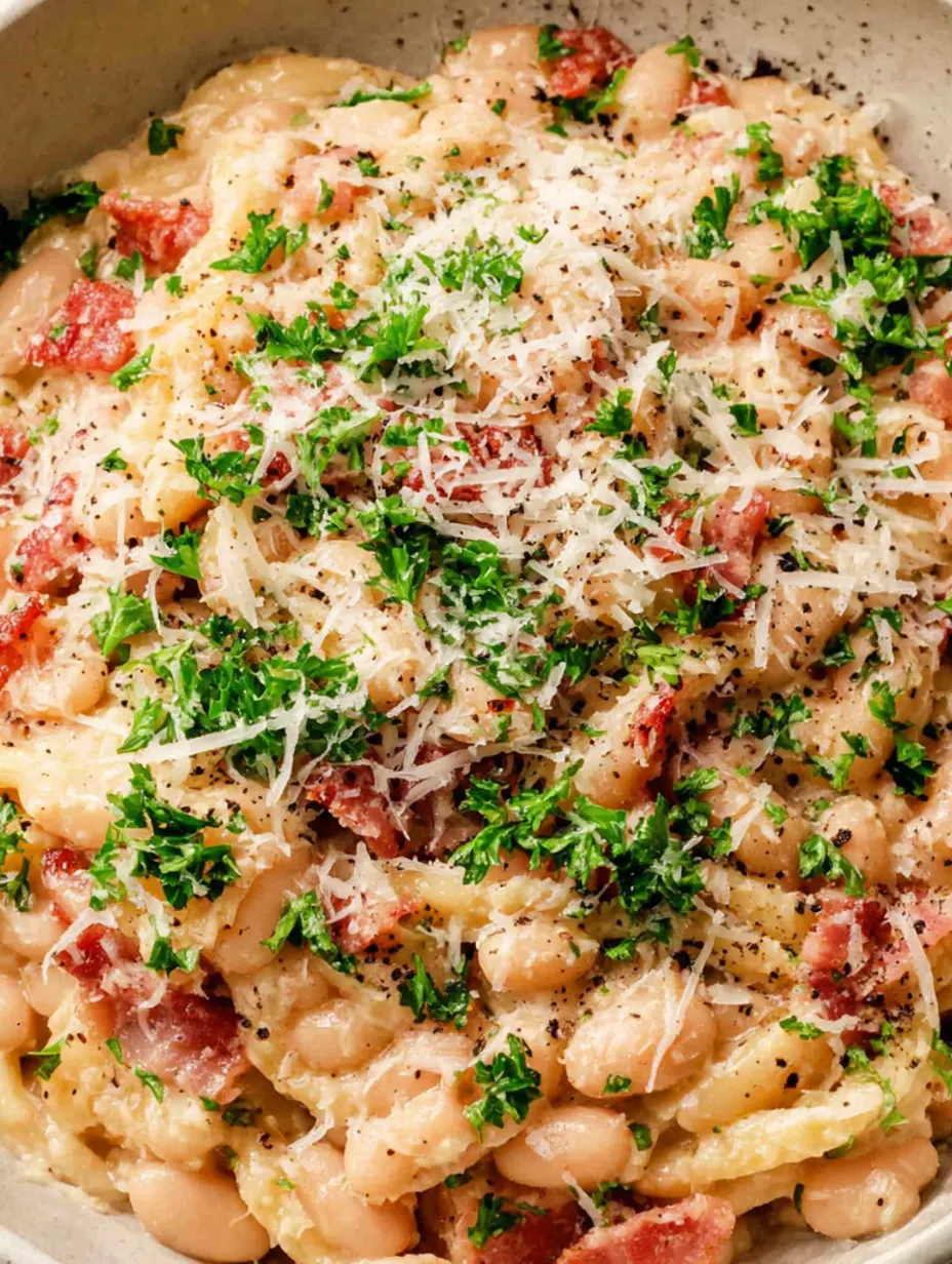 A close up of a dish of Carbonara Beans.
