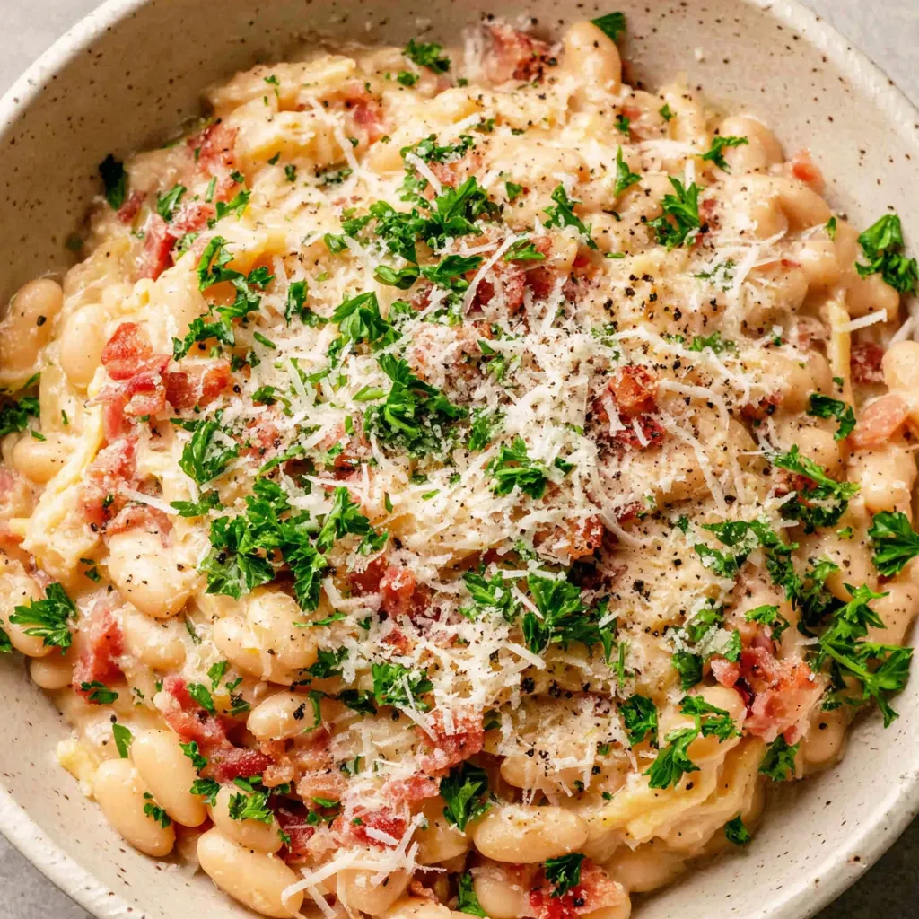 A bowl of carbonara beans.