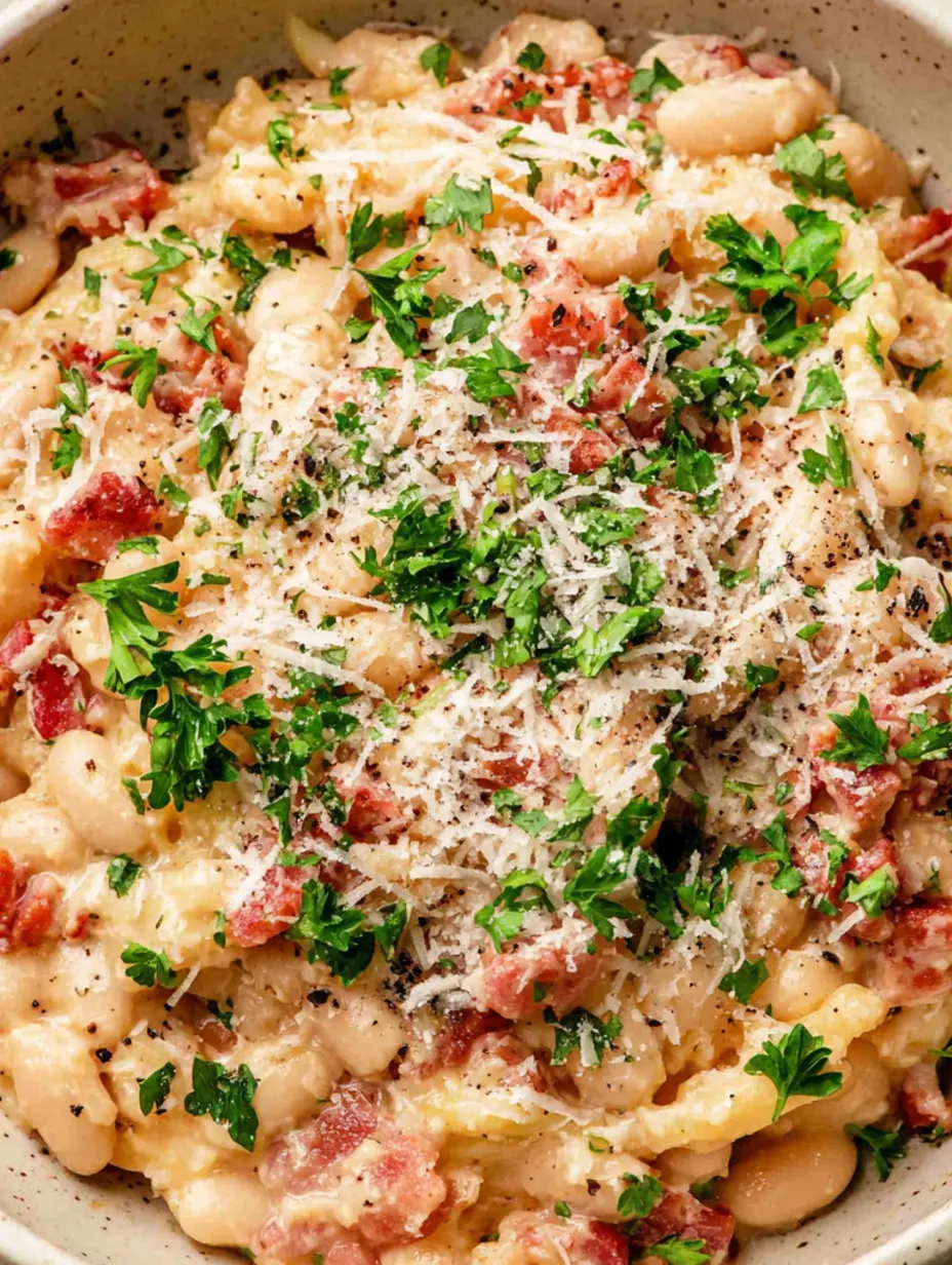 A dish of pasta with cheese and bacon.