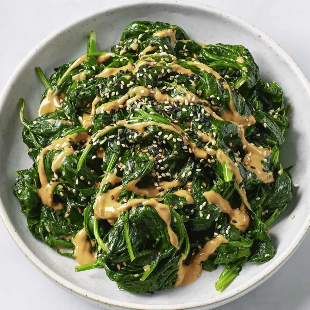 A bowl of spinach with tahini sauce.