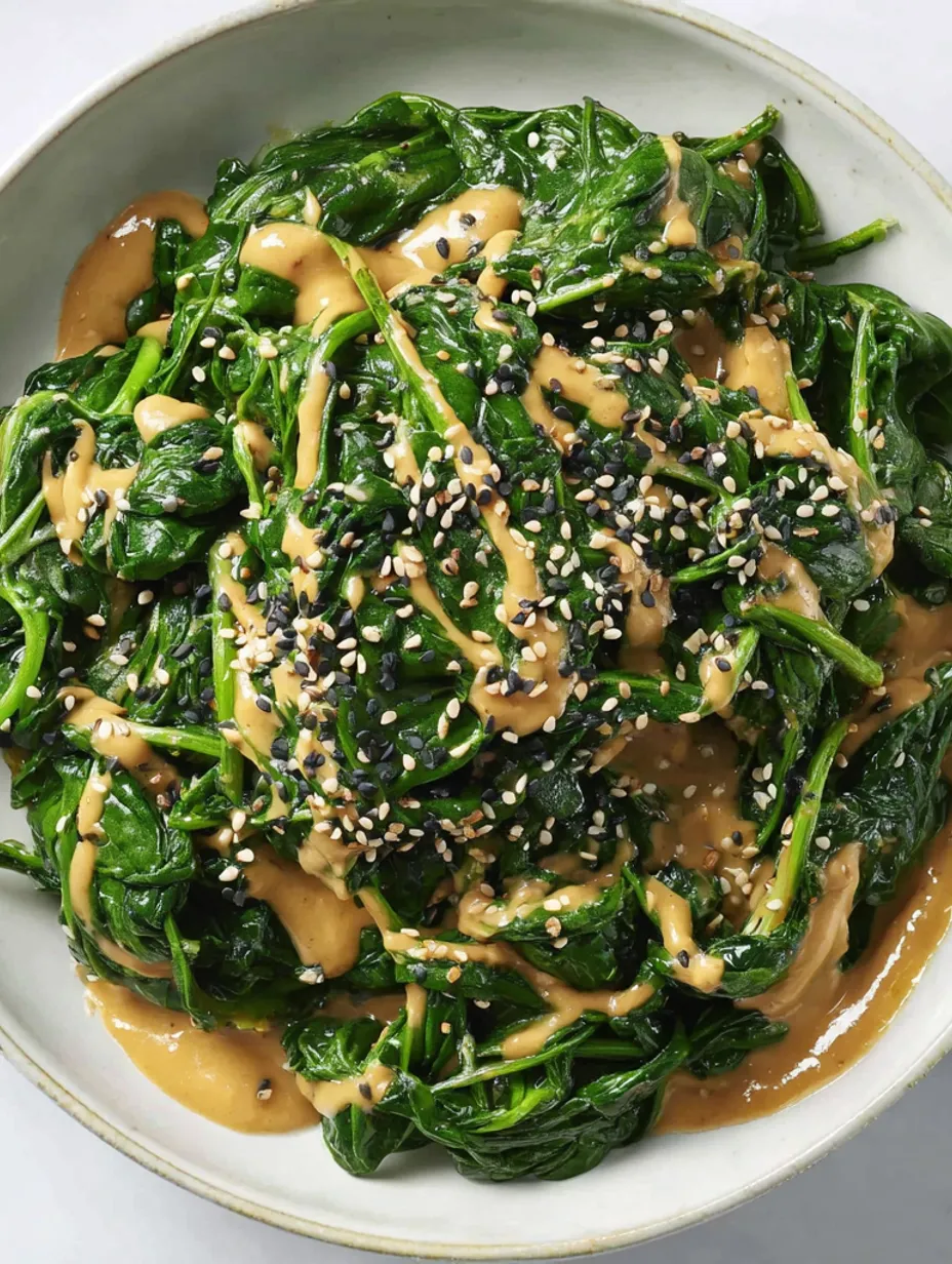 A bowl of spinach with tahini sauce.