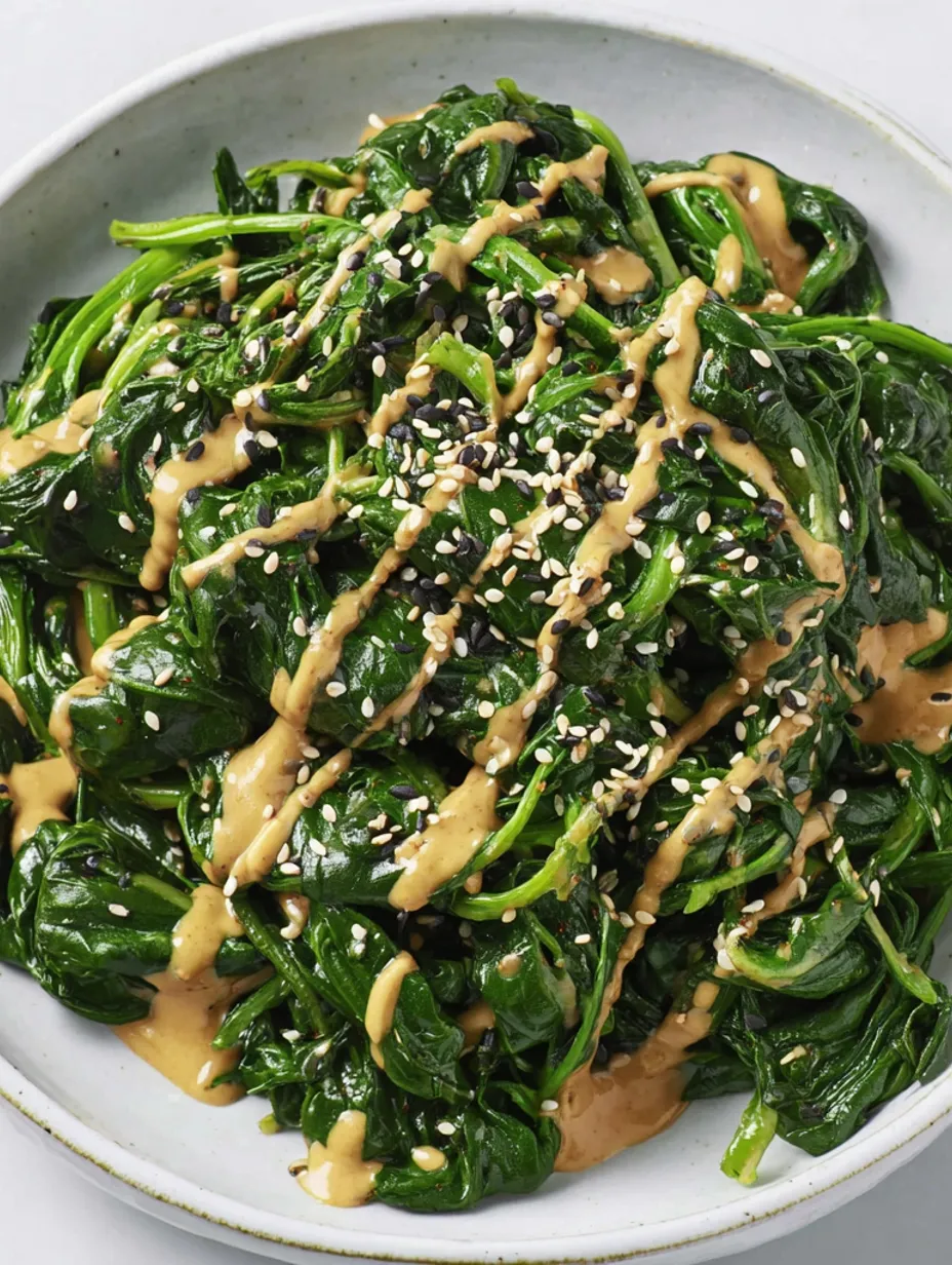 A dish of spinach with tahini sauce.