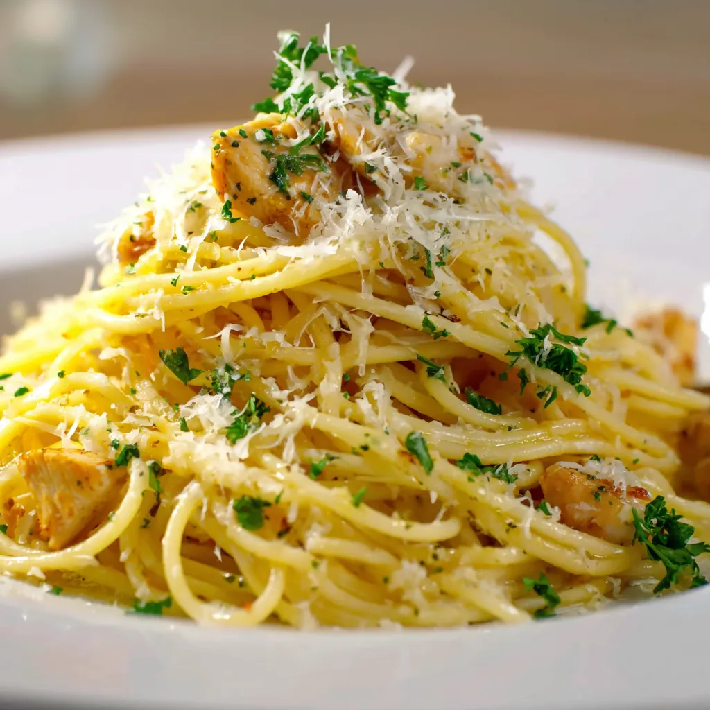 A plate of spaghetti with oil and garlic.