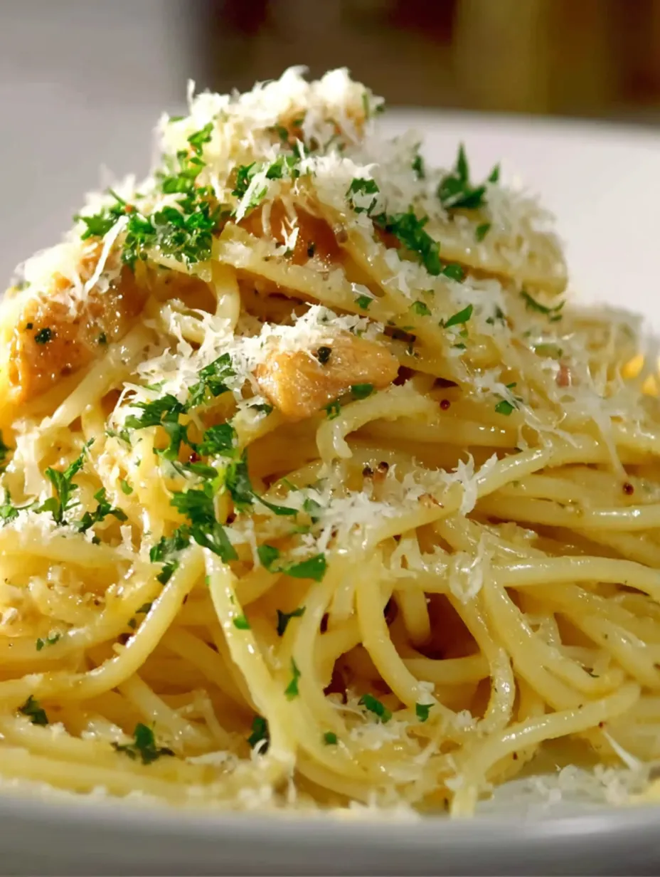 A plate of spaghetti with oil and garlic.