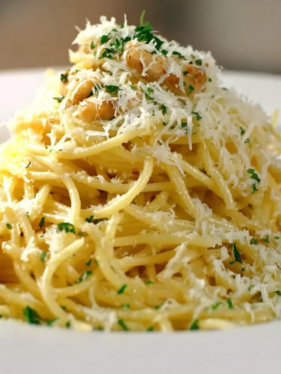 A plate of spaghetti with oil and garlic.