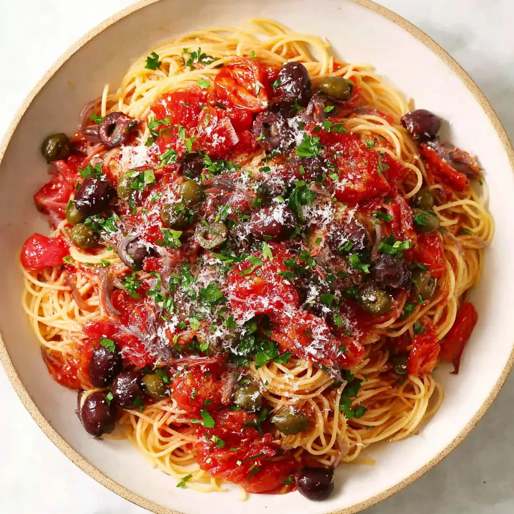 A bowl of pasta with tomatoes, olives, and cheese.