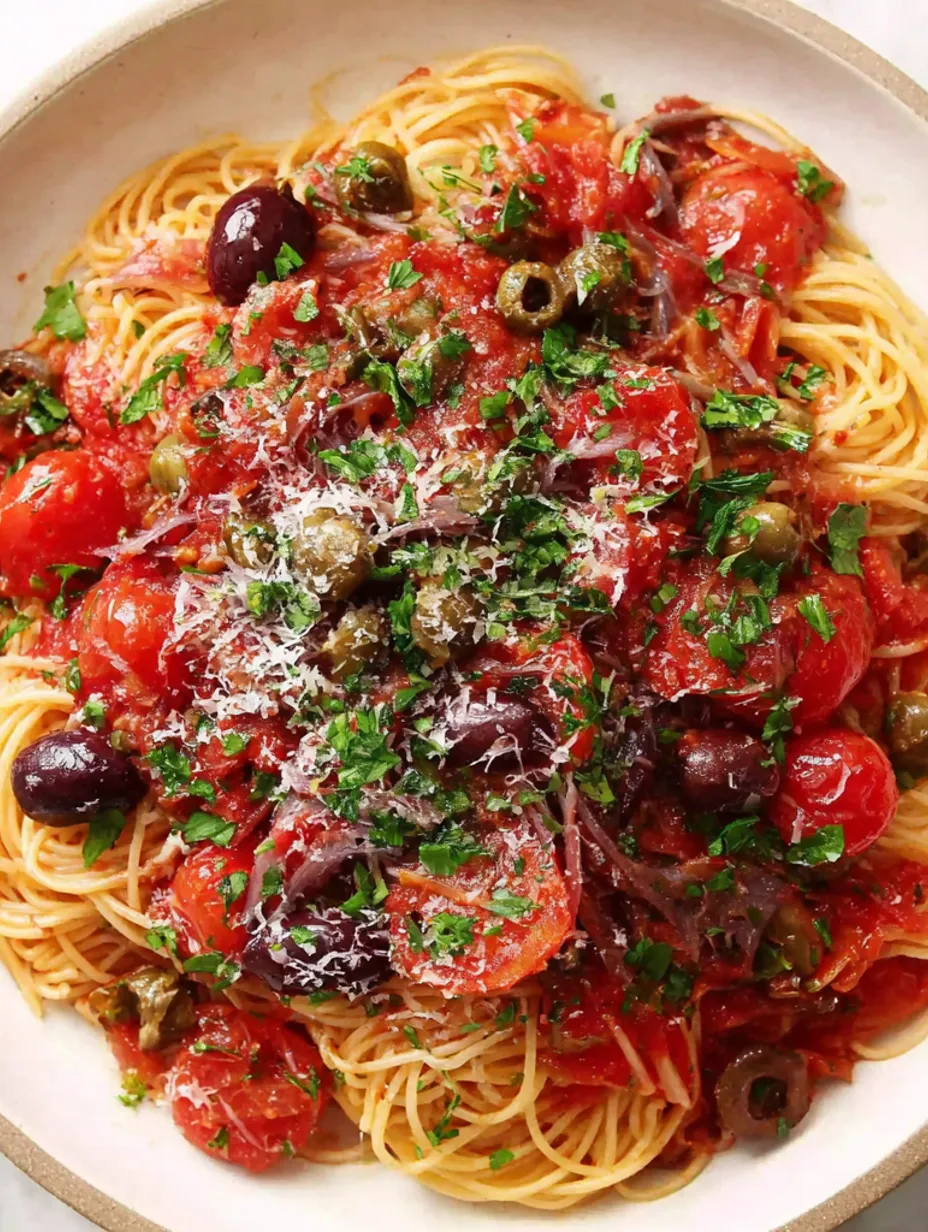A bowl of pasta with tomatoes, olives, and basil.