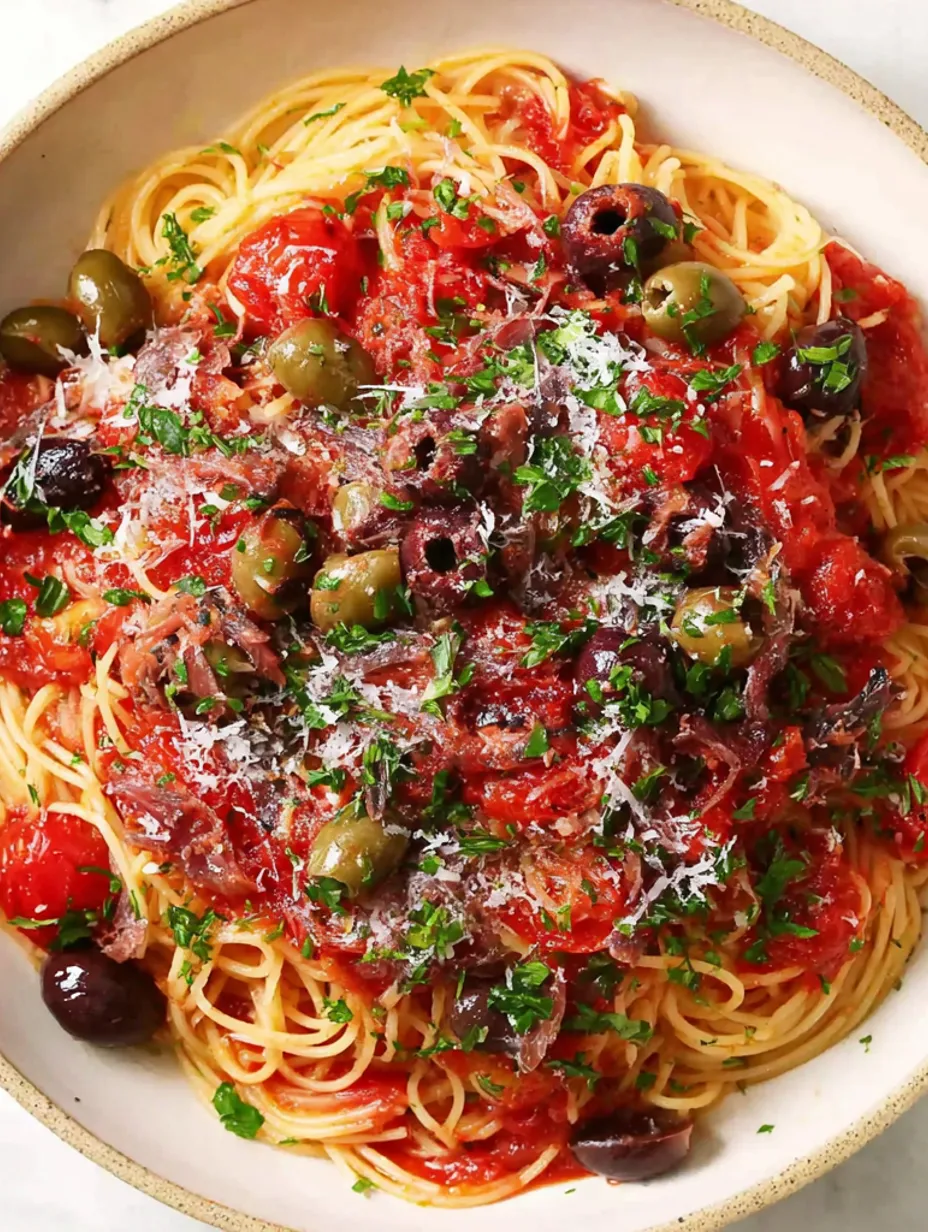 A bowl of pasta with olives and tomatoes.