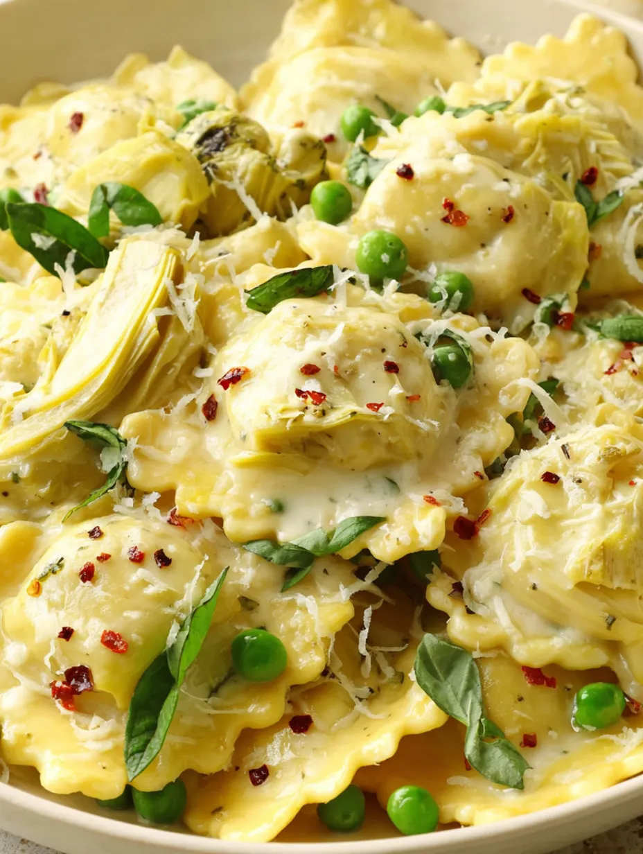 A dish of pasta with artichokes and sauce.