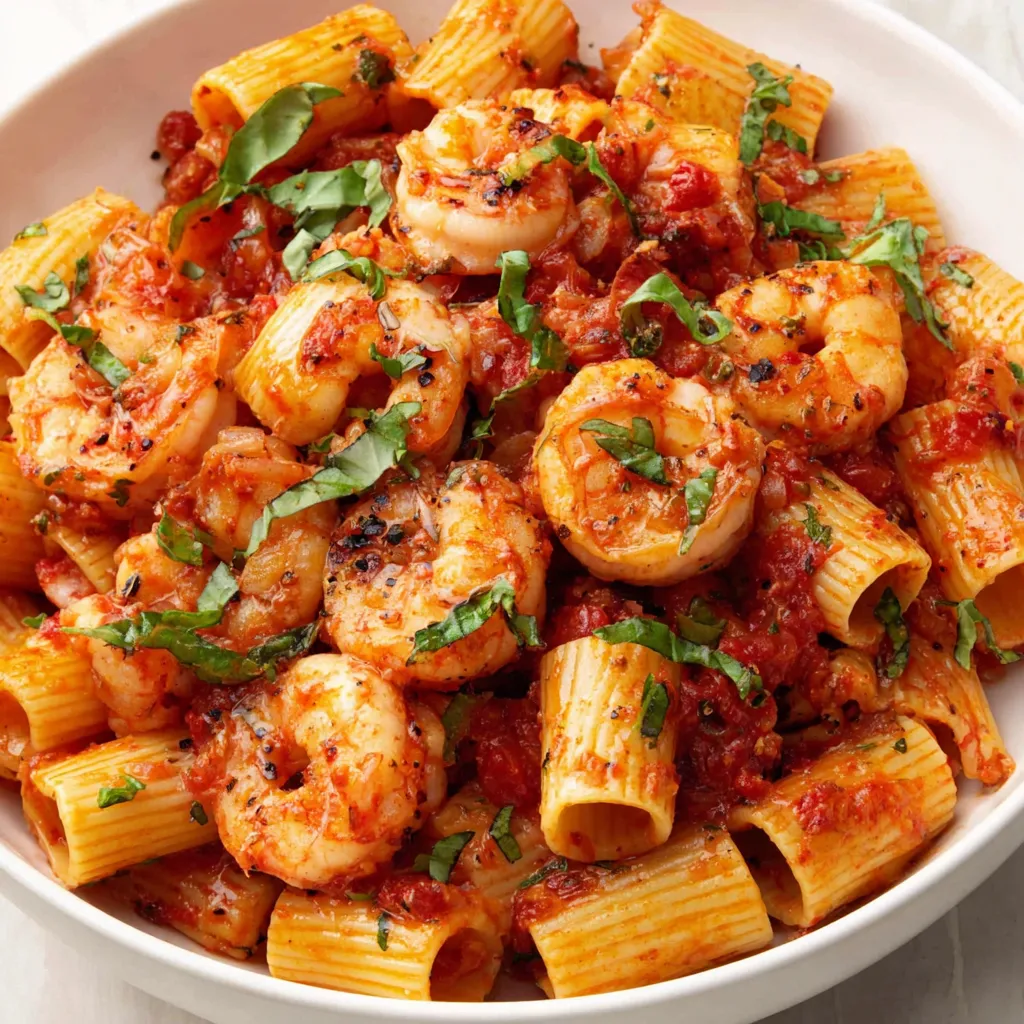 A bowl of rigatoni with spicy shrimp.