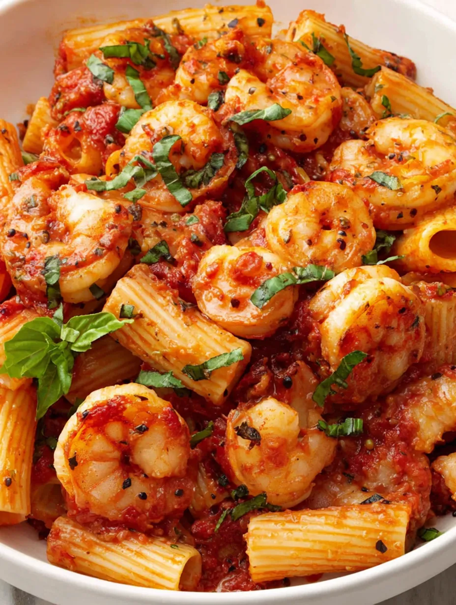A bowl of rigatoni with spicy shrimp.