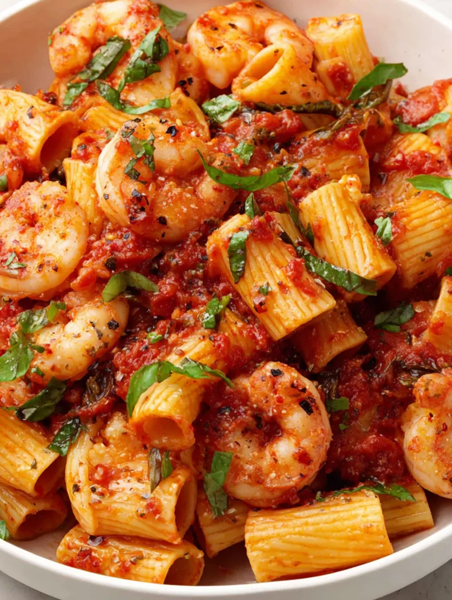 A plate of rigatoni with spicy shrimp.